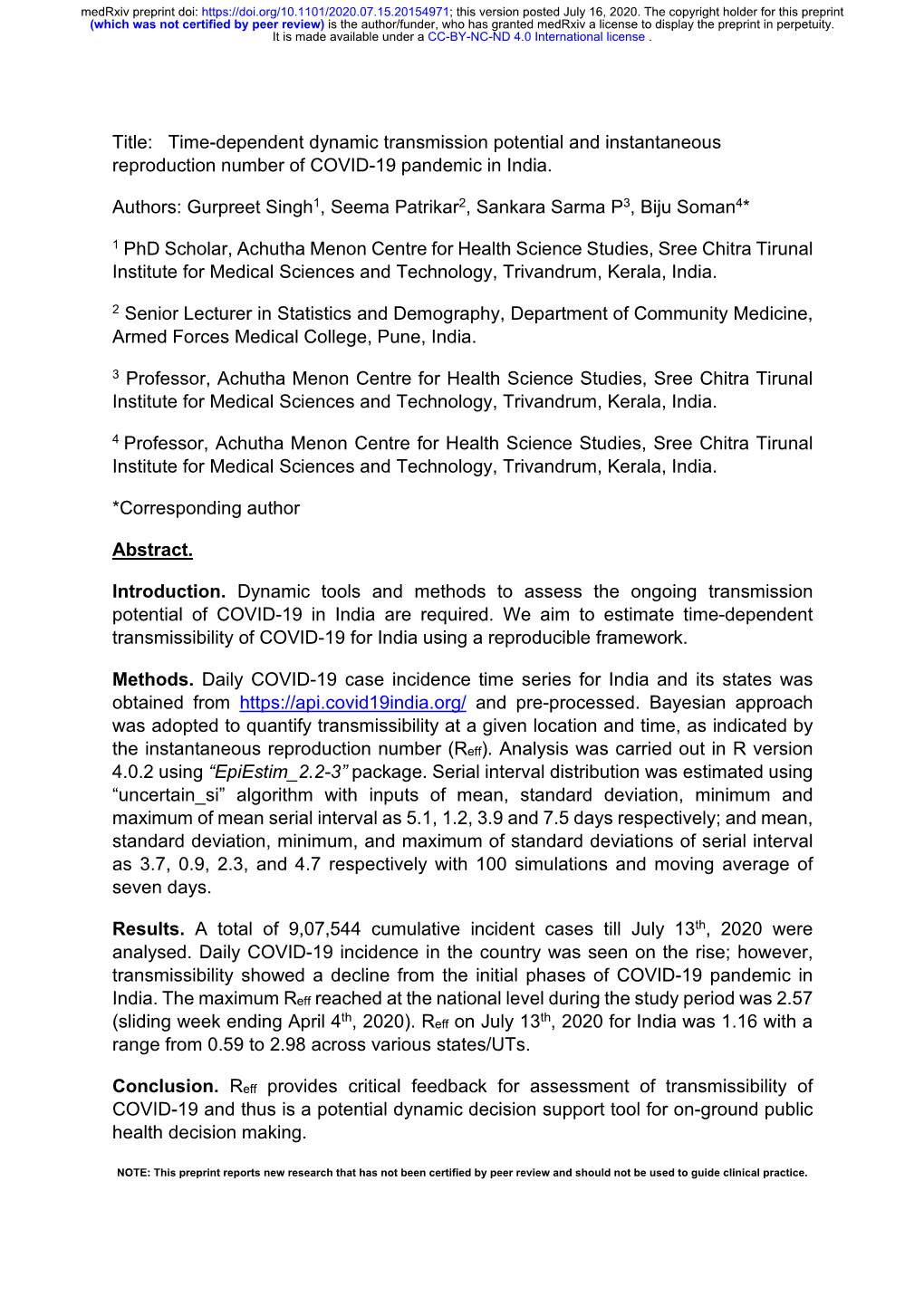 Time-Dependent Dynamic Transmission Potential and Instantaneous Reproduction Number of COVID-19 Pandemic in India