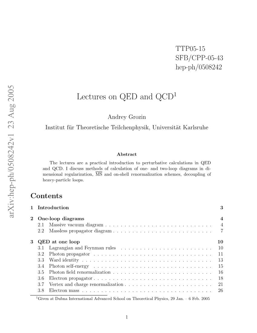 Arxiv:Hep-Ph/0508242V1 23 Aug 2005 Lectures on QED And
