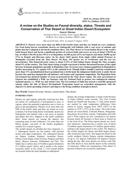 A Review on the Studies on Faunal Diversity, Status, Threats And