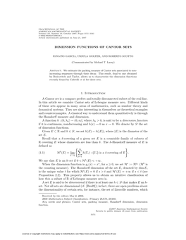 DIMENSION FUNCTIONS of CANTOR SETS 1. Introduction A