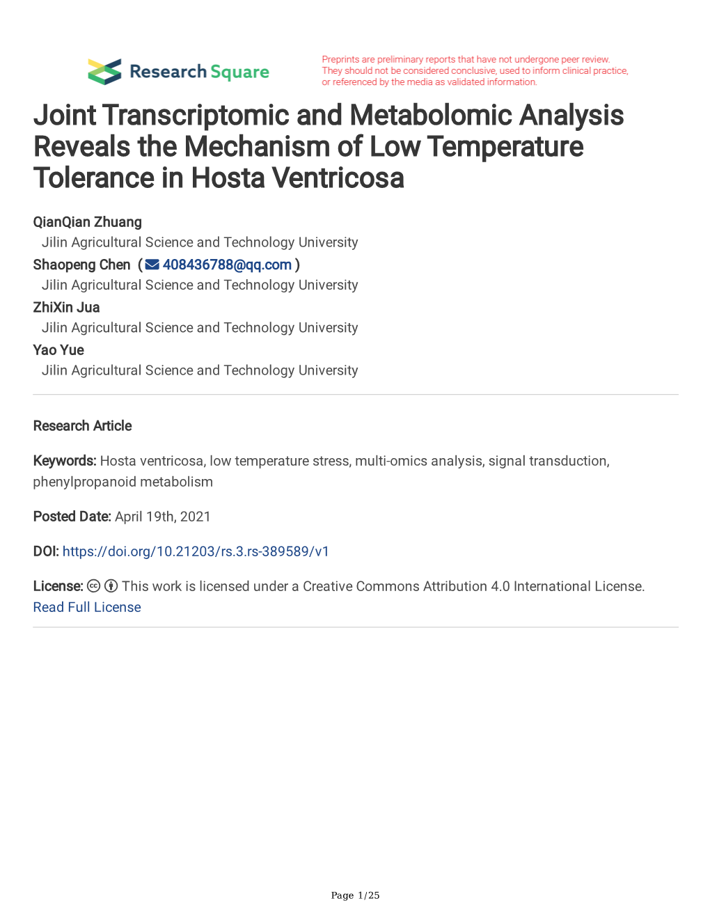 Joint Transcriptomic and Metabolomic Analysis Reveals the Mechanism of Low Temperature Tolerance in Hosta Ventricosa