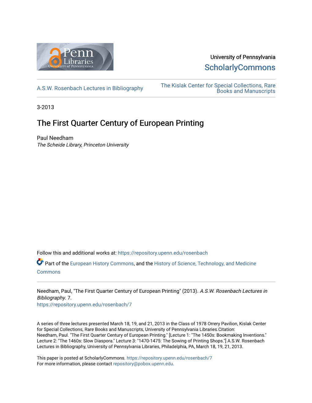 The First Quarter Century of European Printing