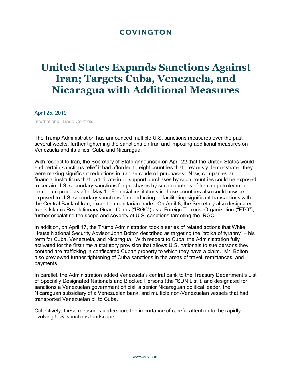 United States Expands Sanctions Against Iran; Targets Cuba, Venezuela, and Nicaragua with Additional Measures