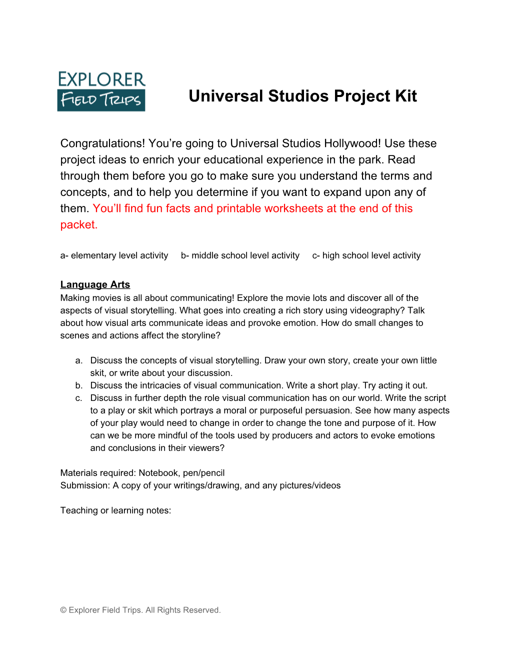 Universal Studios Project Kit