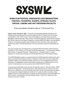 Sxsw Film Festival Announces 2020 Midnighters, Festival Favorites, Shorts, Episodic Pilots, Virtual Cinema and Art Program Projects