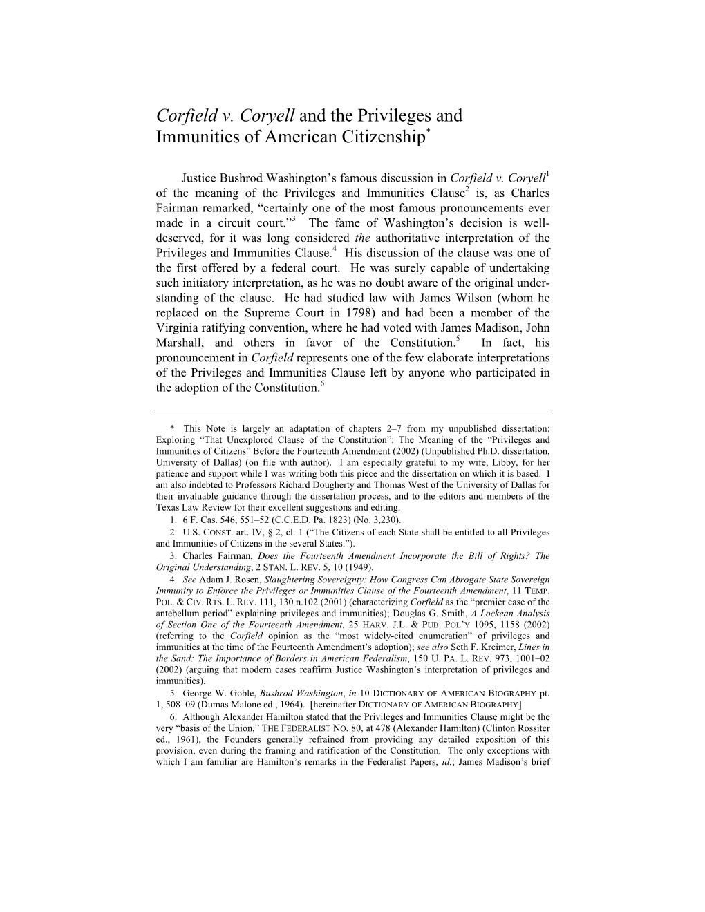 Corfield V. Coryell and the Privileges and Immunities of American Citizenship*