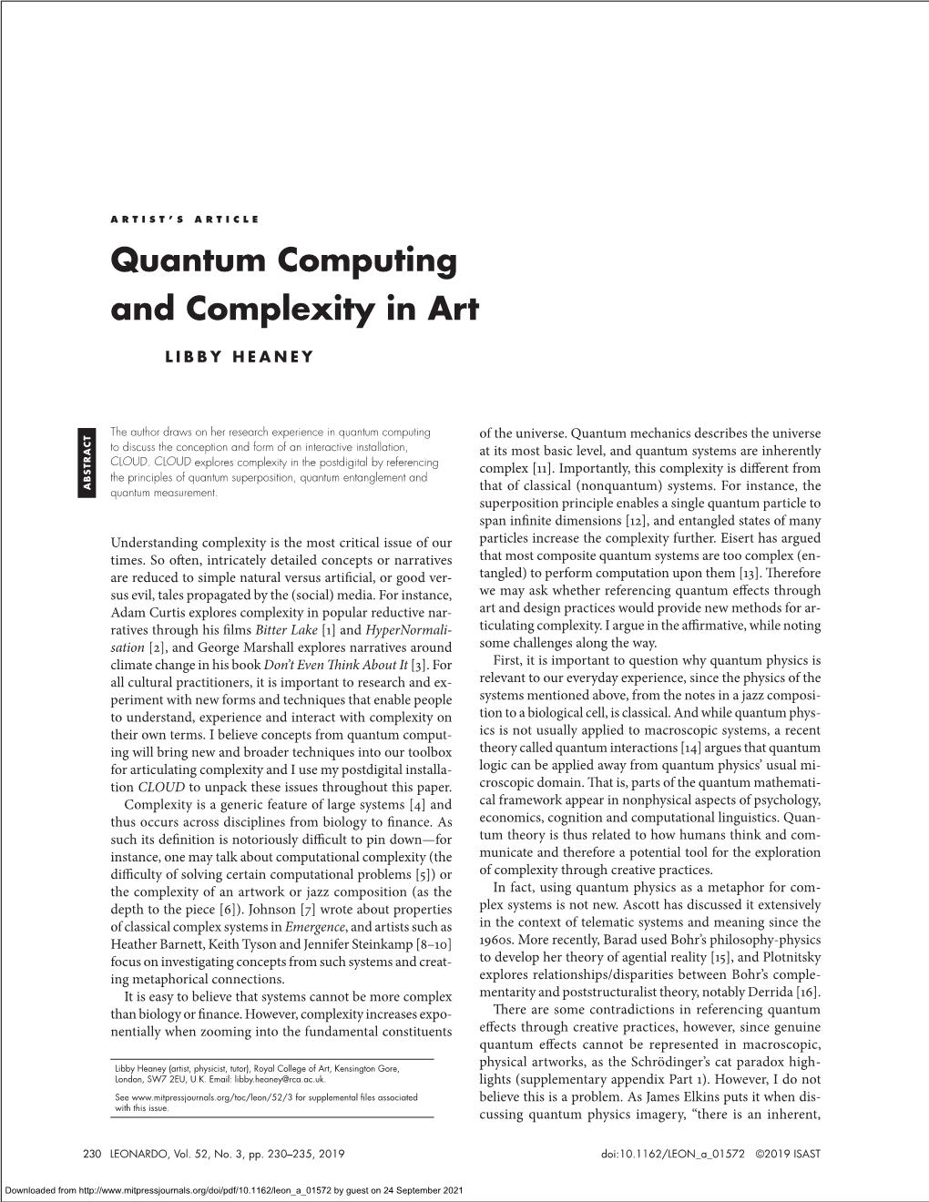 Quantum Computing and Complexity in Art 231