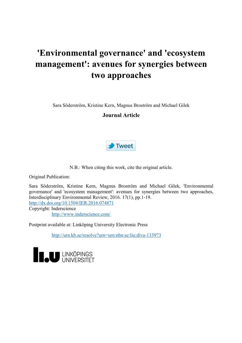 'Environmental Governance' and 'Ecosystem Management': Avenues for Synergies Between Two Approaches