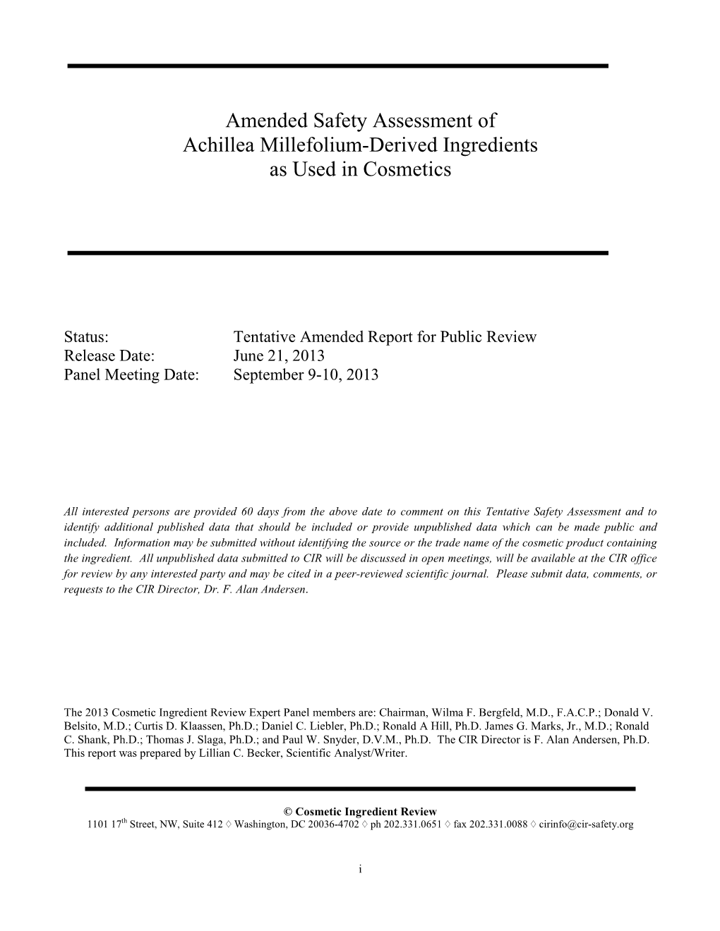 Amended Safety Assessment of Achillea Millefolium-Derived Ingredients As Used in Cosmetics