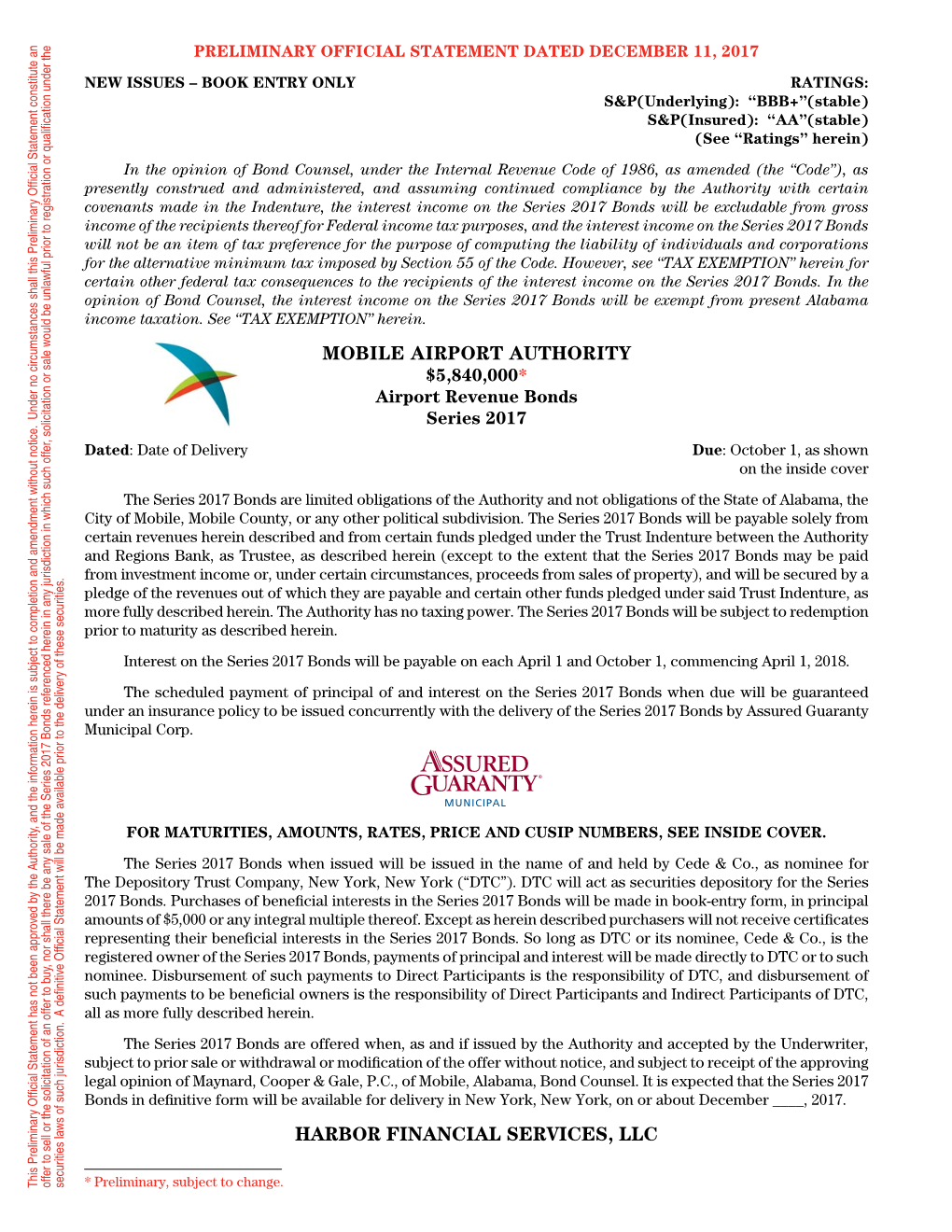 Mobile Airport Authority $5,840,000 Airport Revenue Bonds Series 2017