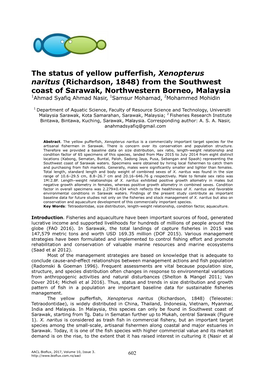 The Status of Yellow Pufferfish, Xenopterus Naritus (Richardson