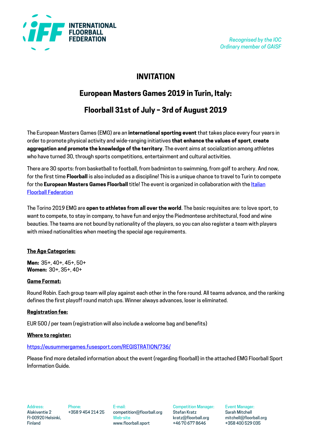 INVITATION European Masters Games 2019 in Turin, Italy: Floorball 31St of July – 3Rd of August 2019