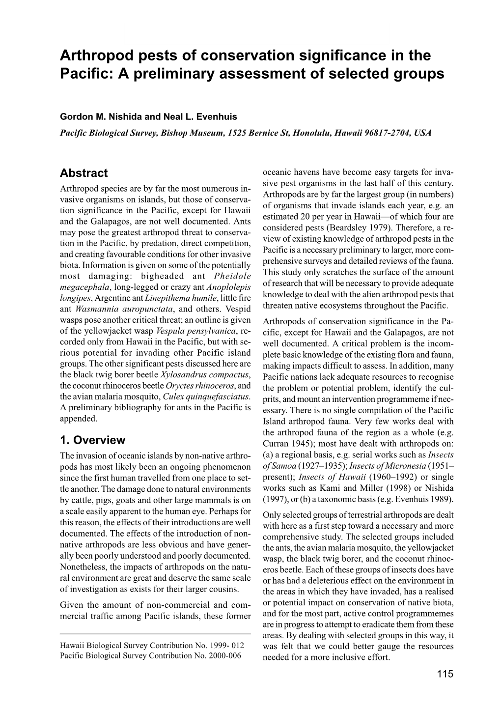 Arthropod Pests of Conservation Significance in the Pacific: a Preliminary Assessment of Selected Groups