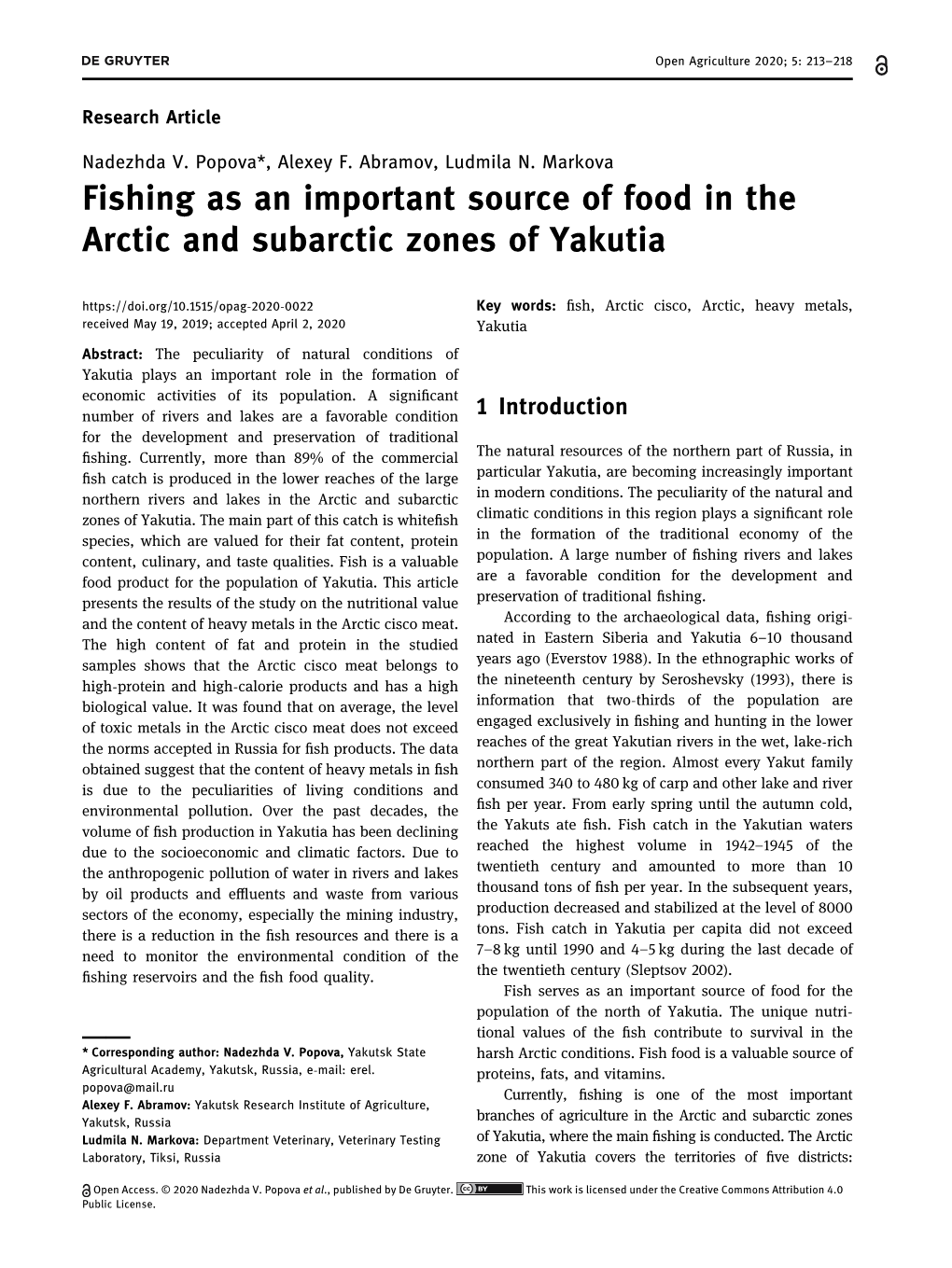 Fishing As an Important Source of Food in the Arctic and Subarctic Zones of Yakutia