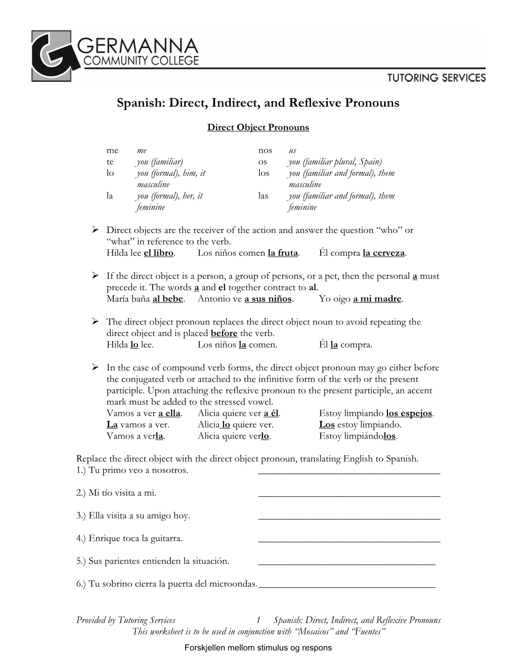 Spanish: Direct, Indirect, and Reflexive Pronouns