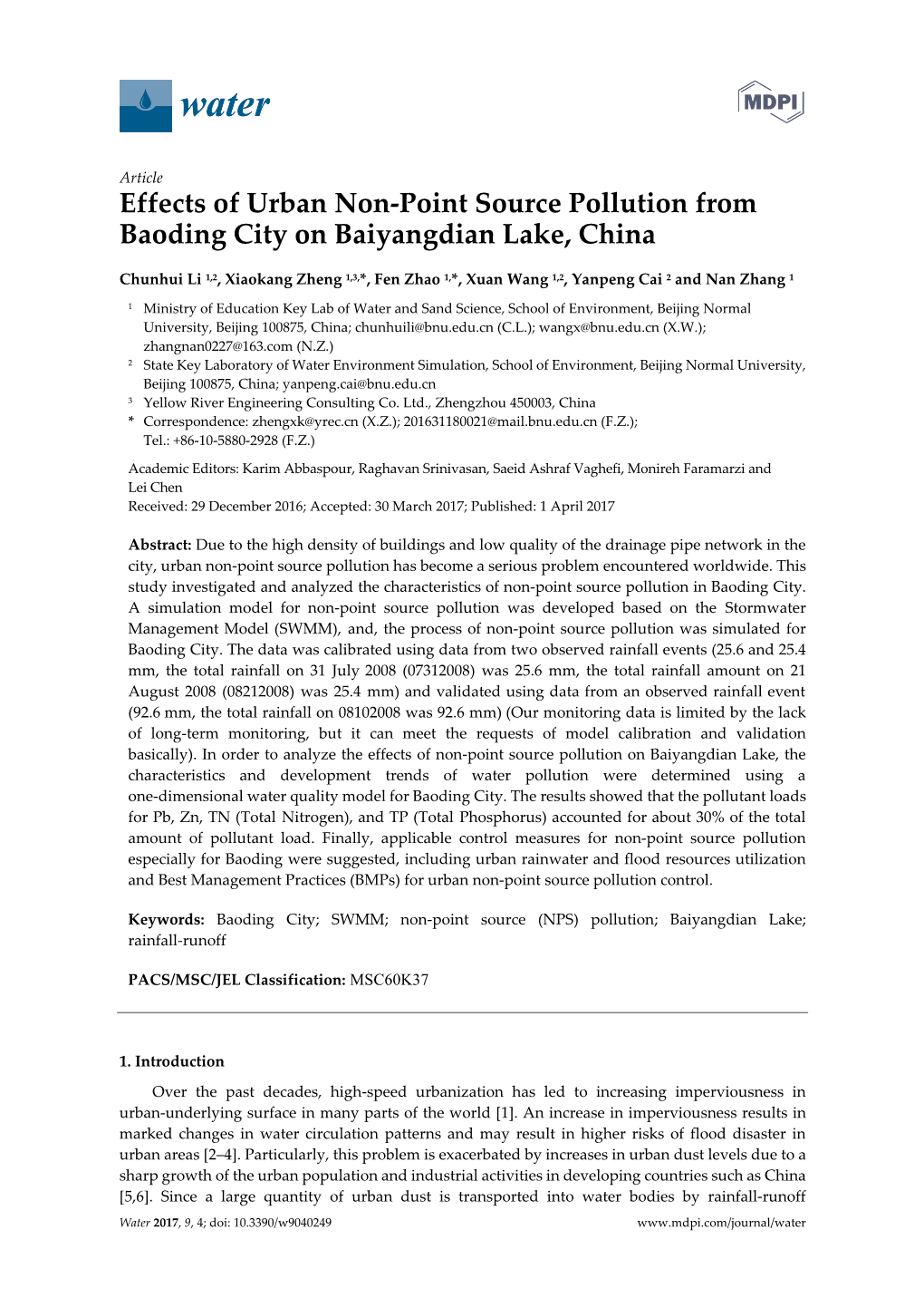 Effects of Urban Non-Point Source Pollution from Baoding City on Baiyangdian Lake, China