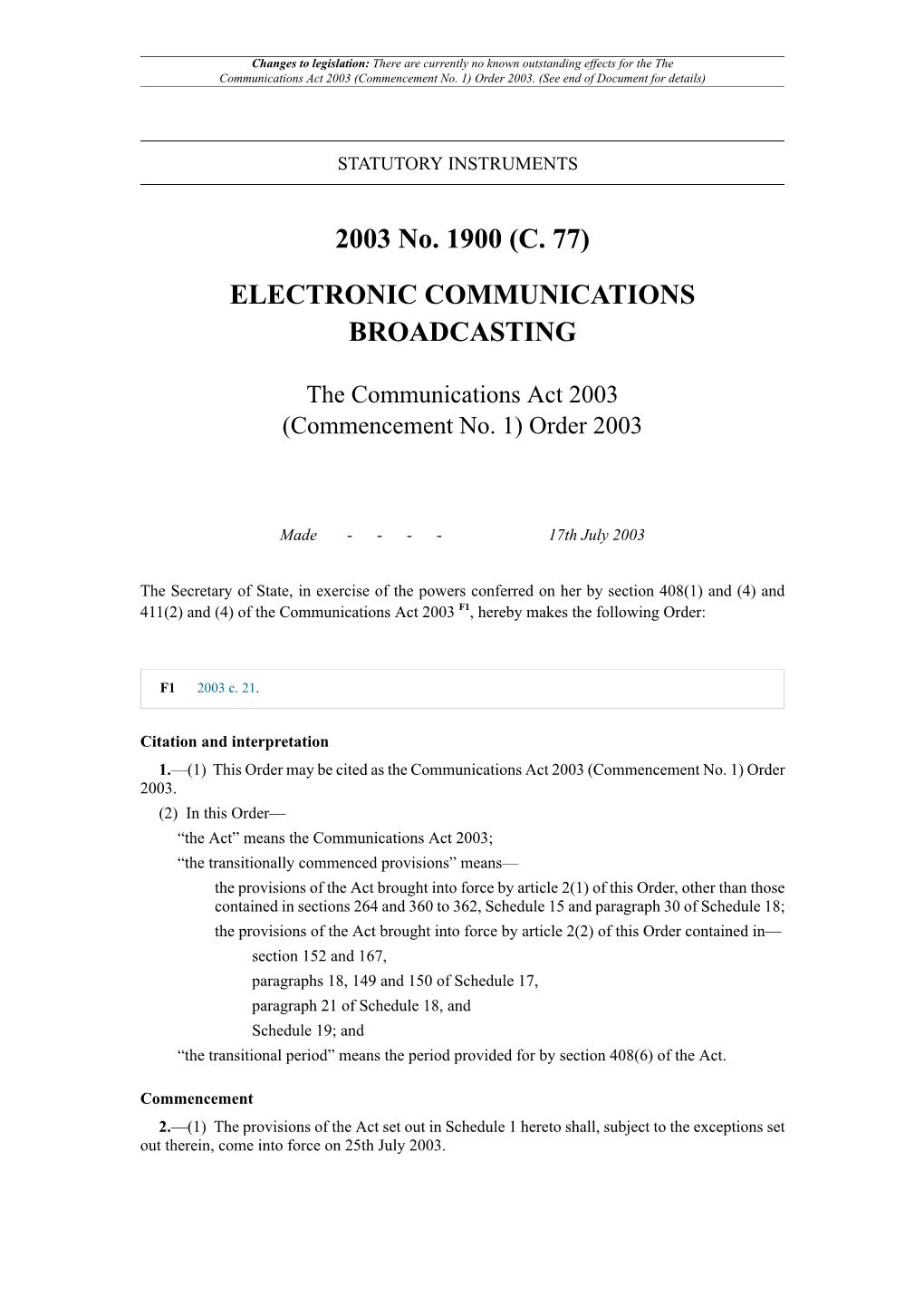 The Communications Act 2003 (Commencement No. 1) Order 2003