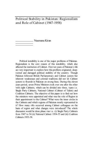 Political Stability in Pakistan: Regionalism and Role of Cabinet (1947-1958)