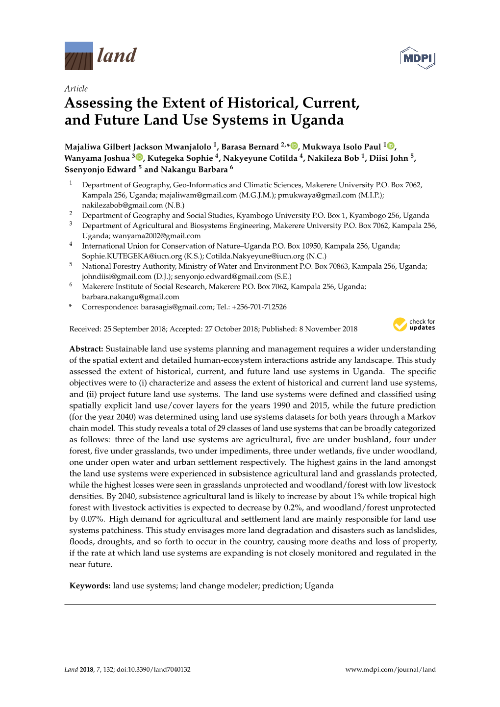 Assessing the Extent of Historical, Current, and Future Land Use Systems in Uganda