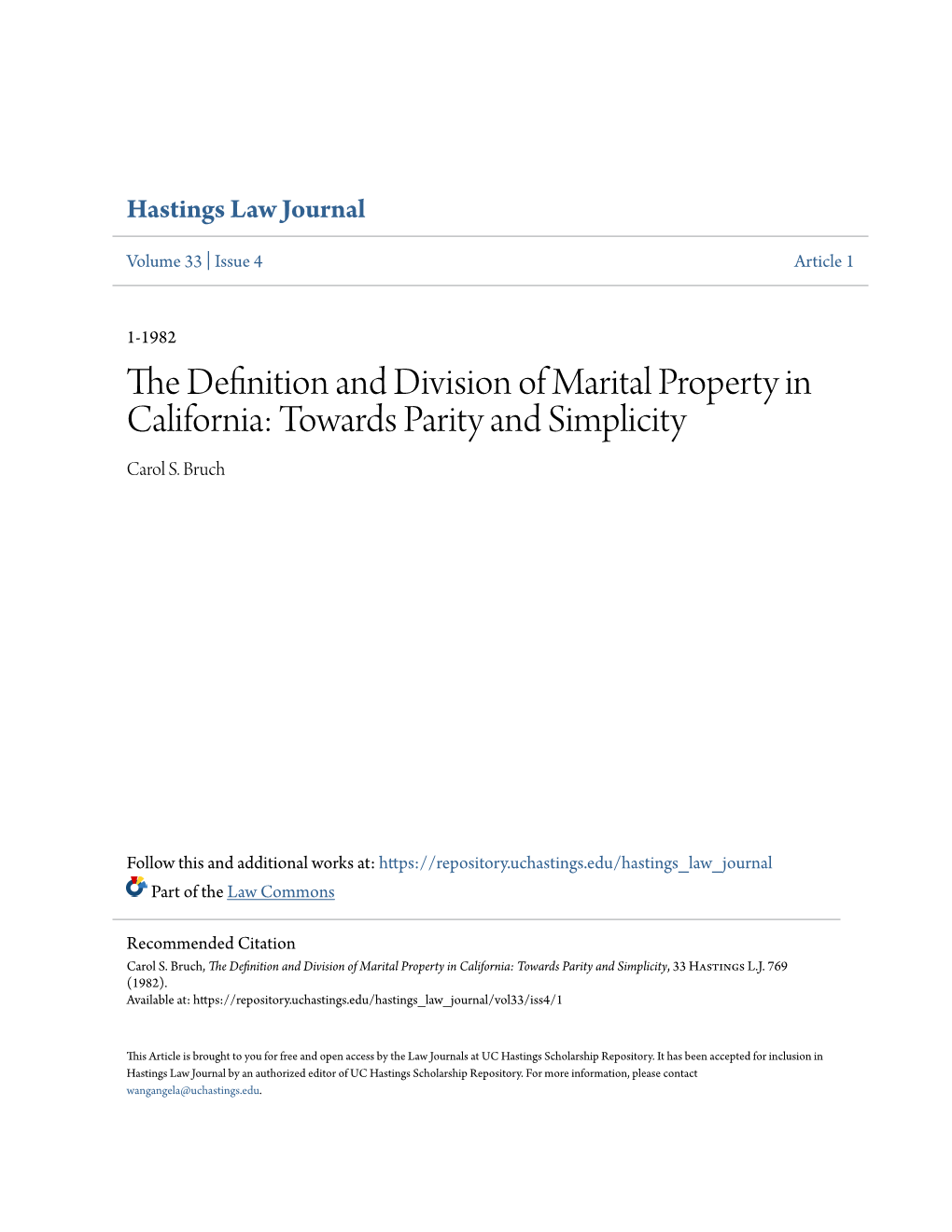 The Definition and Division of Marital Property in California: Towards Parity and Simplicity, 33 Hastings L.J