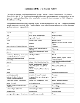 Surnames of the Waldensian Valleys