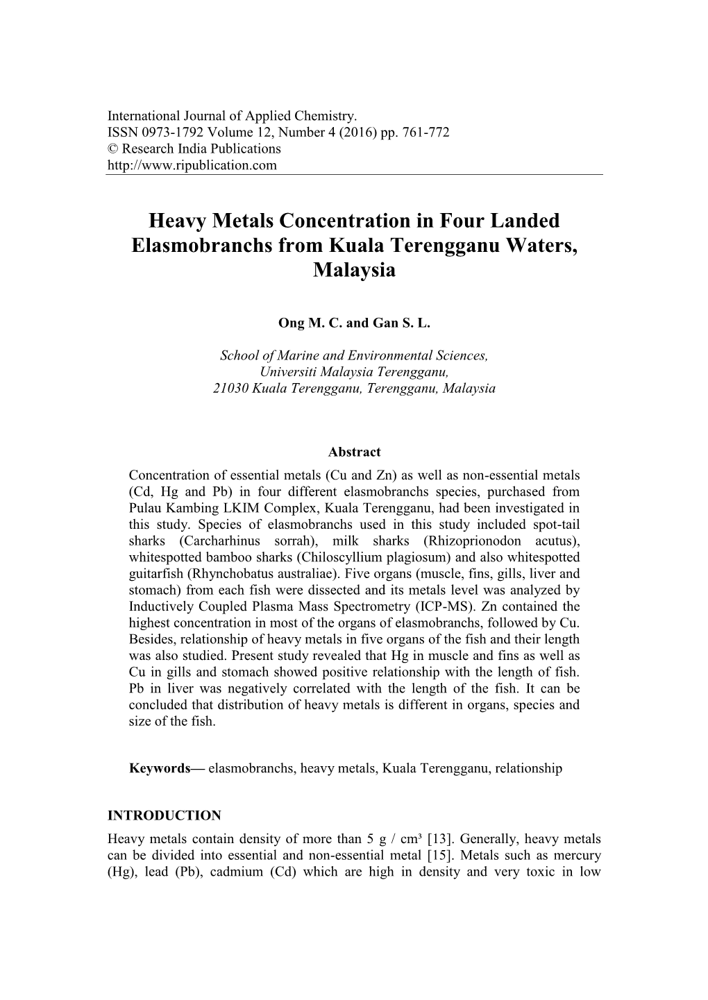 Heavy Metals Concentration in Four Landed Elasmobranchs from Kuala Terengganu Waters, Malaysia