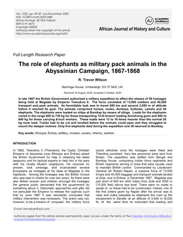 The Role of Elephants As Military Pack Animals in the Abyssinian Campaign, 1867-1868