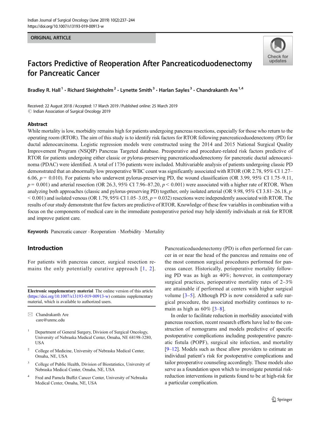 Factors Predictive of Reoperation After Pancreaticoduodenectomy for Pancreatic Cancer