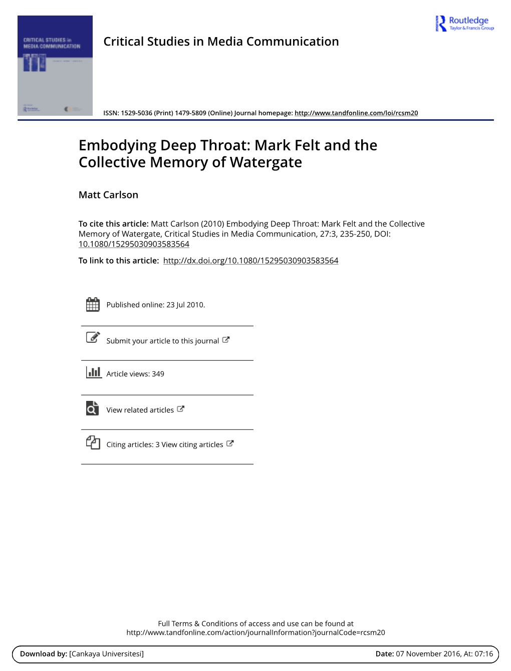 Embodying Deep Throat: Mark Felt and the Collective Memory of Watergate