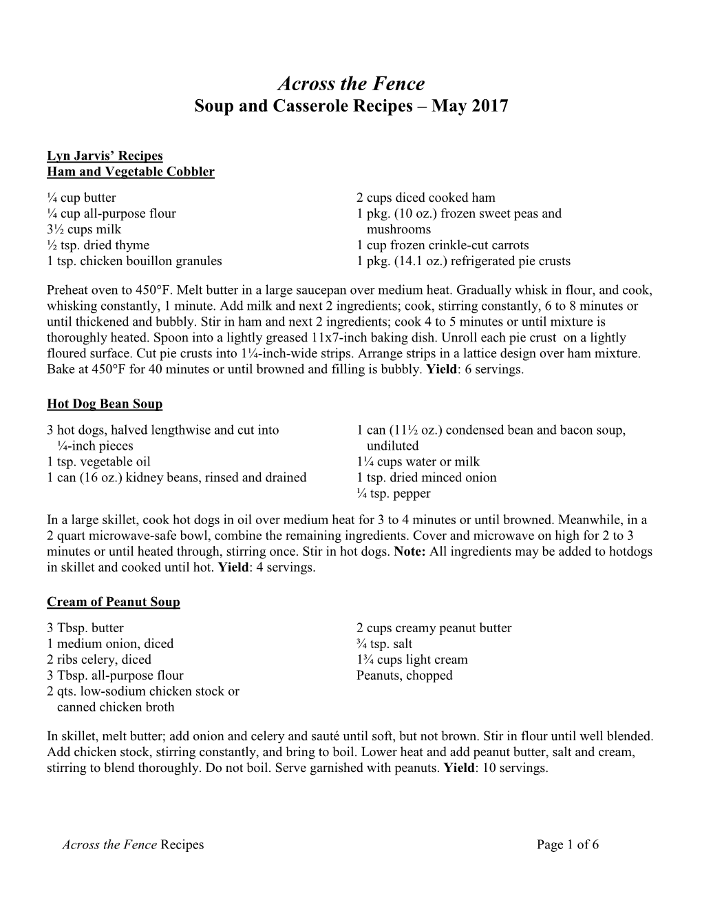 Soup and Casserole Recipes – May 2017