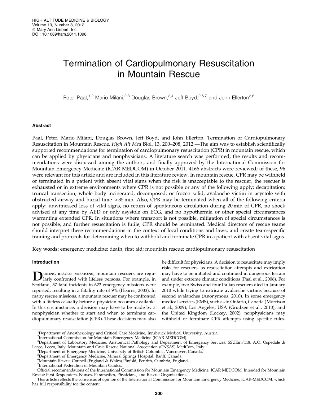 Termination of Cardiopulmonary Resuscitation in Mountain Rescue