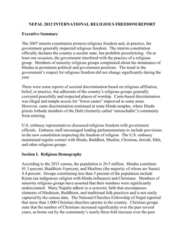 Nepal 2012 International Religious Freedom Report