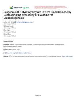 Exogenous D-Β-Hydroxybutyrate Lowers Blood Glucose by Decreasing the Availability of L-Alanine for Gluconeogenesis