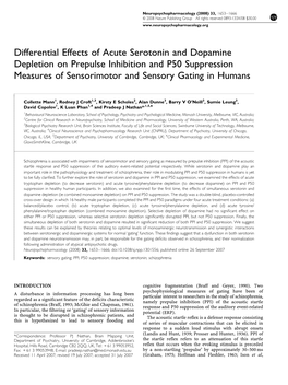 Differential Effects of Acute Serotonin and Dopamine Depletion on Prepulse Inhibition and P50 Suppression Measures of Sensorimotor and Sensory Gating in Humans