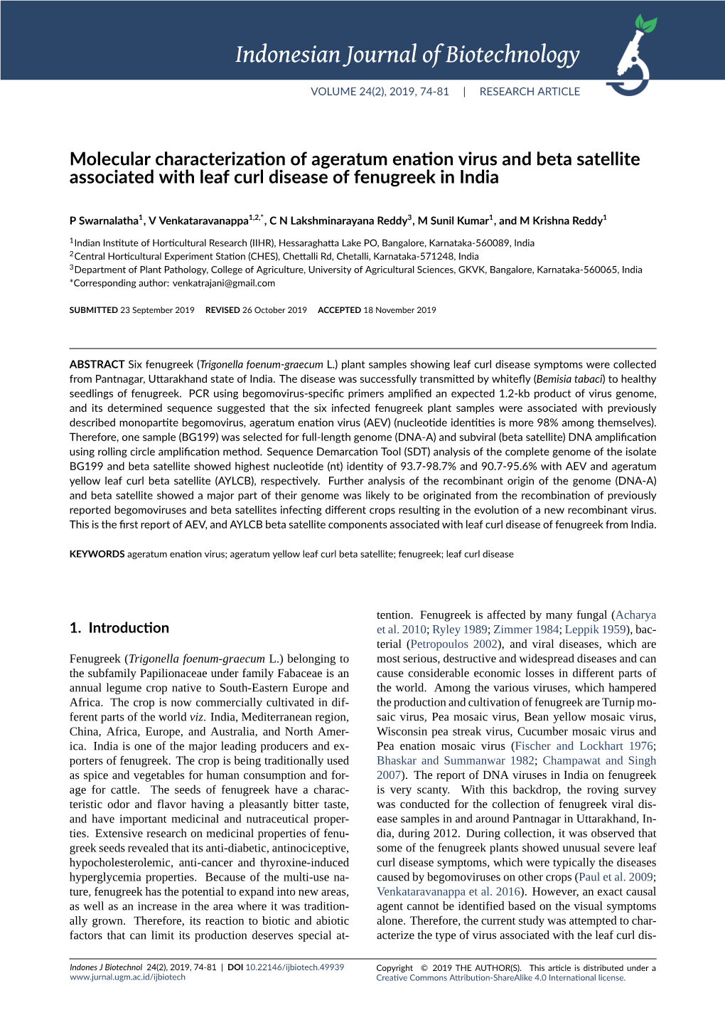 Molecular Characterization of Ageratum Enation Virus and Beta Satellite Associated with Leaf Curl Disease of Fenugreek in India