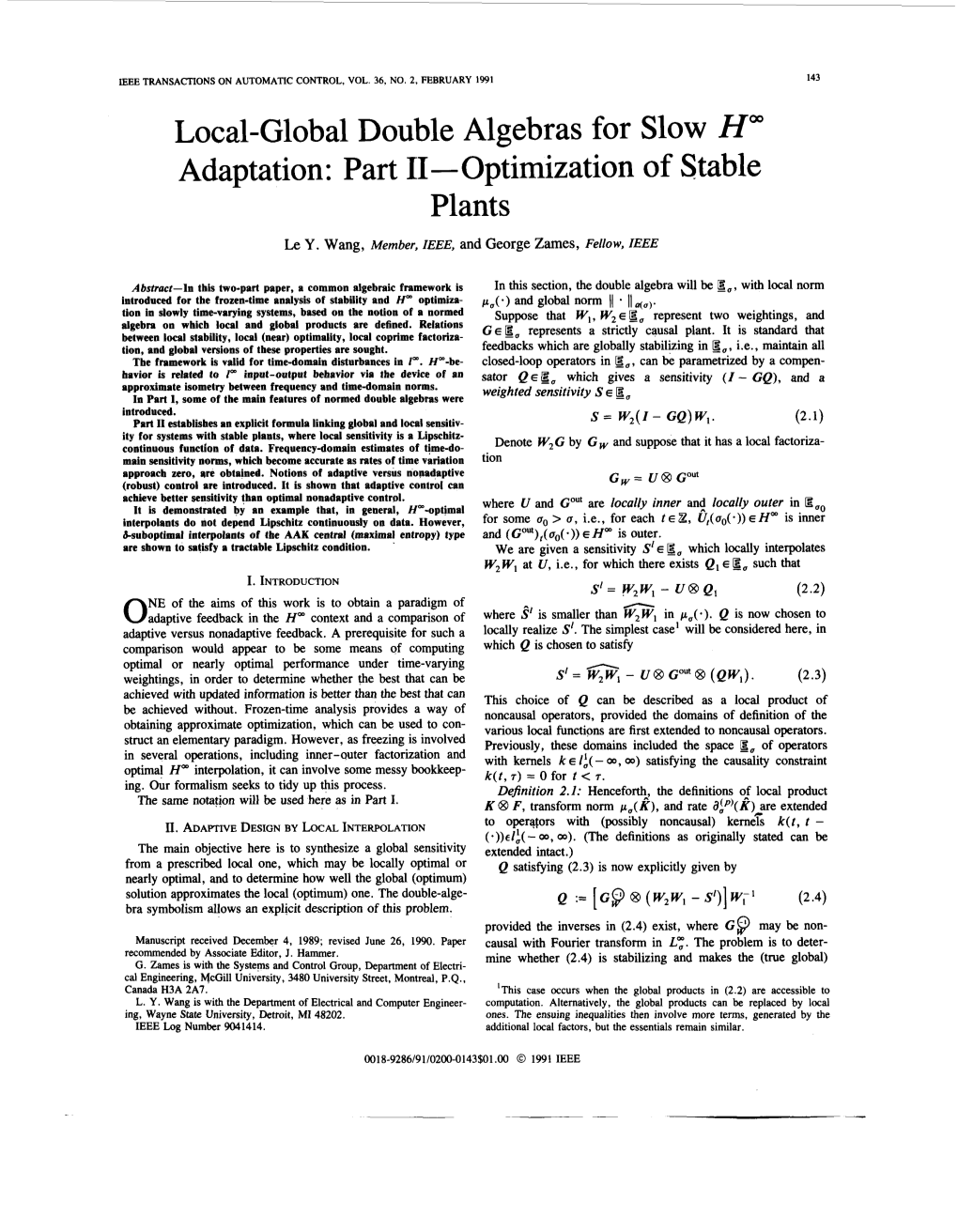 Local-Global Double Algebras for Slow H- Adaptation: Part 11- Optimization of Stable Plants Le Y