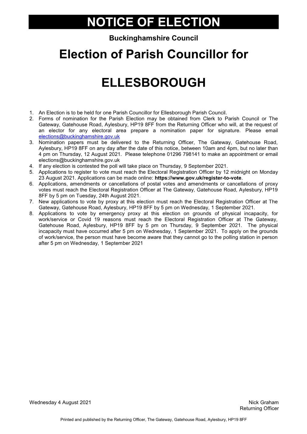 Ellesborough Parish Council By-Election Notice of Election