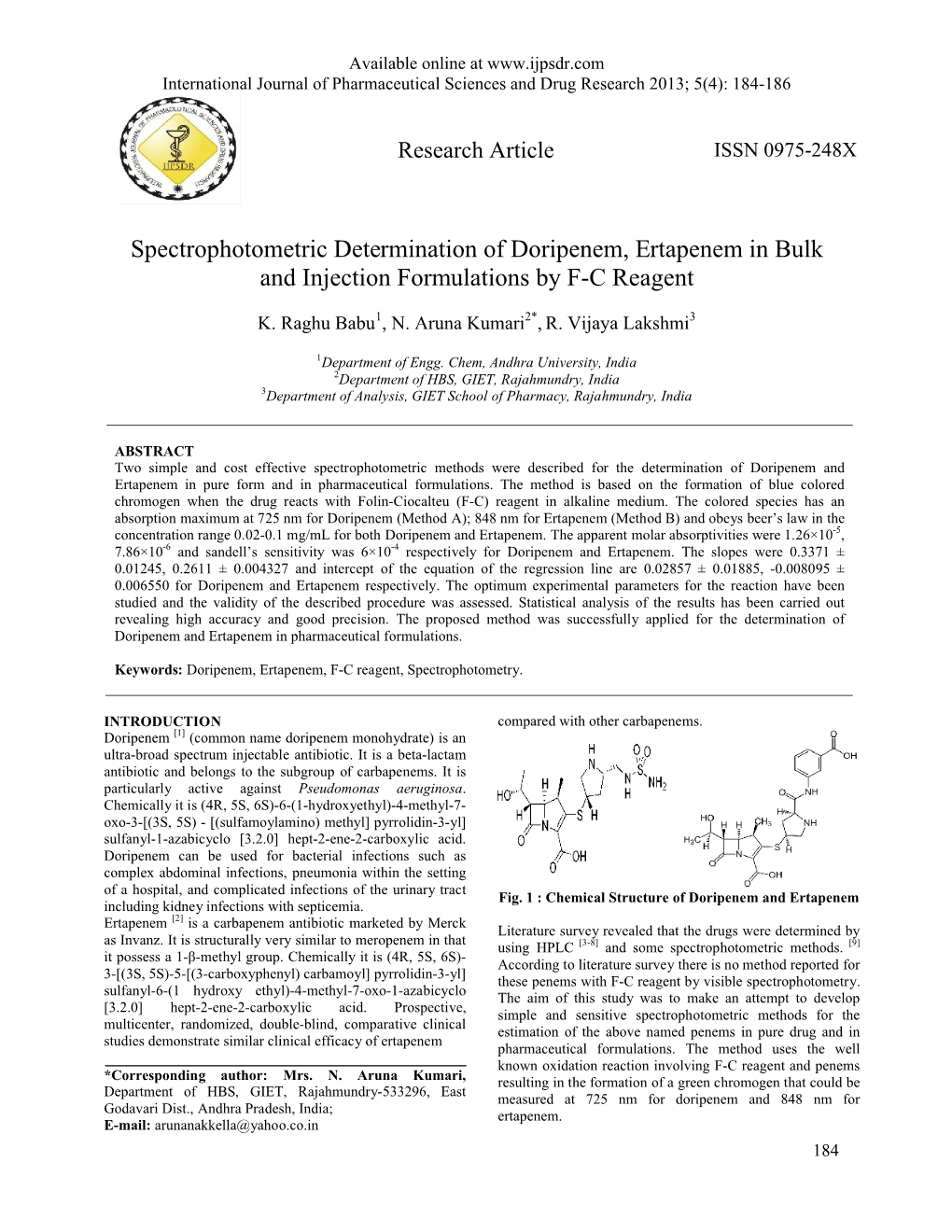 Spectrophotometric Determination of Doripenem, Ertapenem in Bulk and Injection Formulations by F-C Reagent