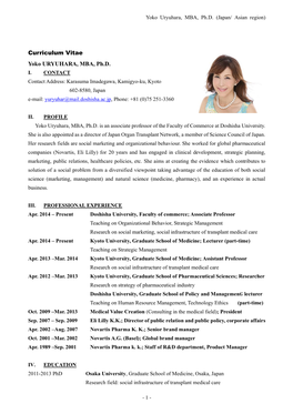 Curriculum Vitae Yoko URYUHARA, MBA, Ph.D