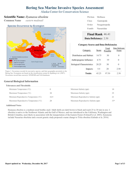 Bering Sea Marine Invasive Species Assessment Alaska Center for Conservation Science