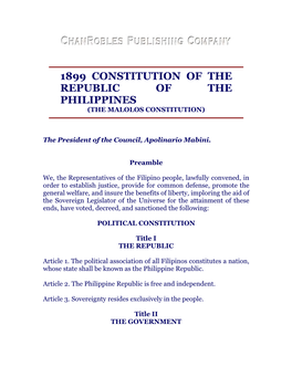1899 Constitution of the Republic of the Philippines (The Malolos Constitution)