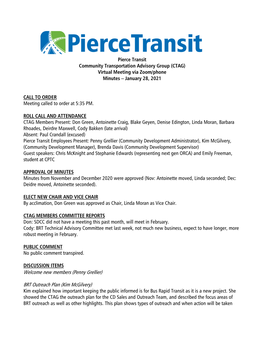 Pierce Transit Community Transportation Advisory Group (CTAG) Virtual Meeting Via Zoom/Phone Minutes – January 28, 2021