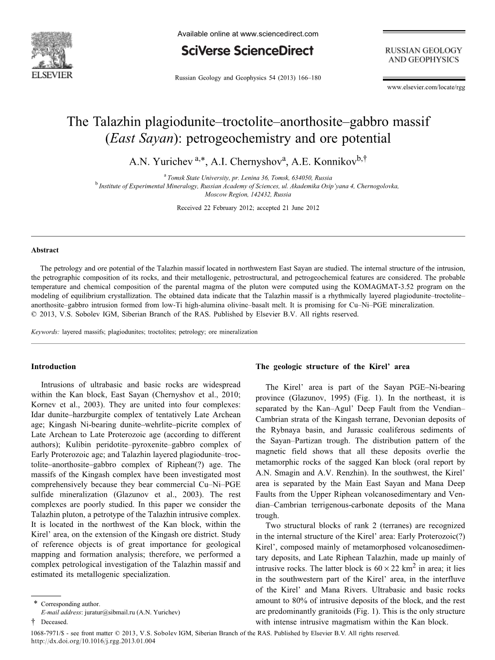 The Talazhin Plagiodunite–Troctolite–Anorthosite–Gabbro Massif (East Sayan): Petrogeochemistry and Ore Potential