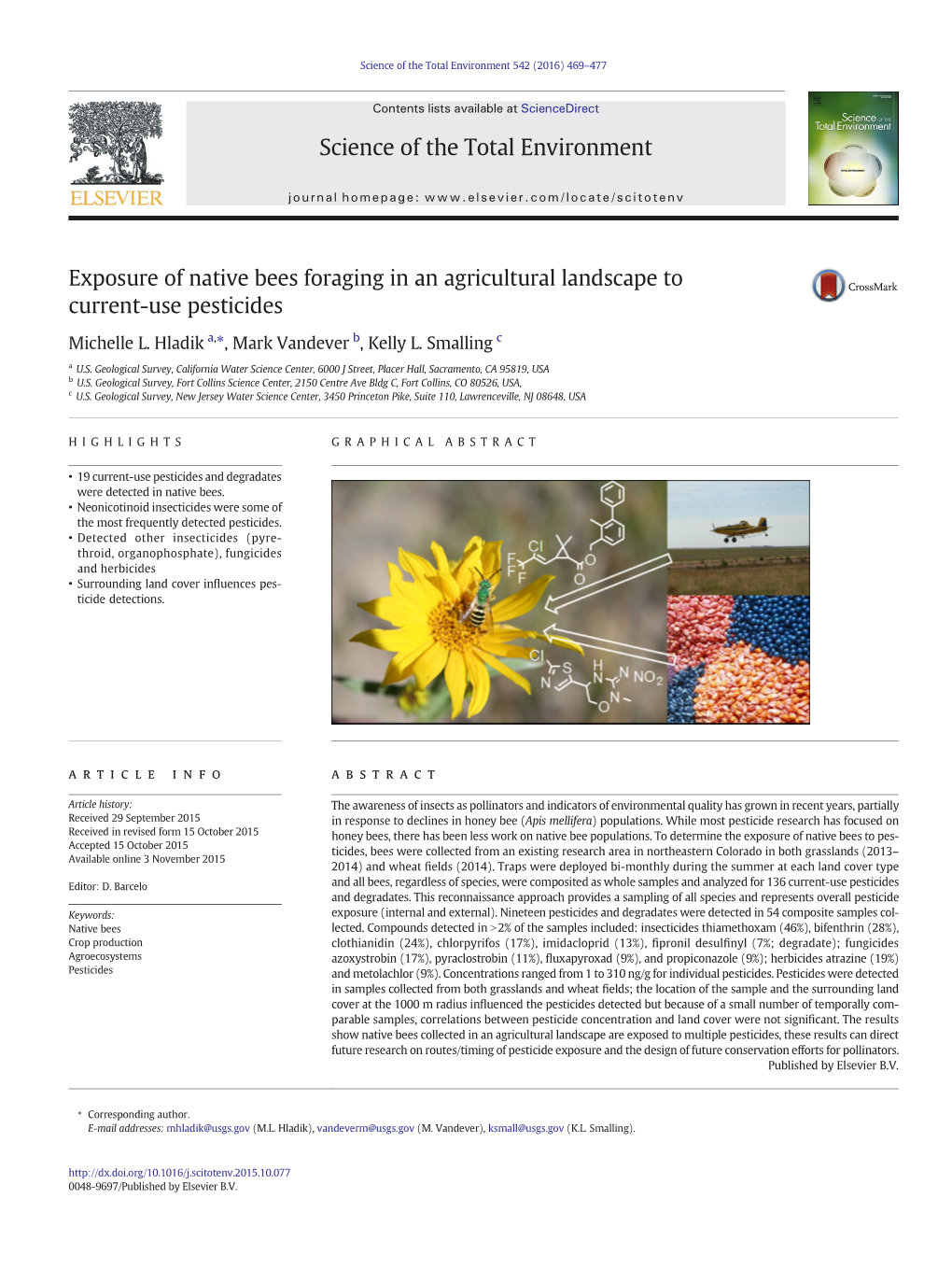 Exposure of Native Bees Foraging in an Agricultural Landscape to Current-Use Pesticides