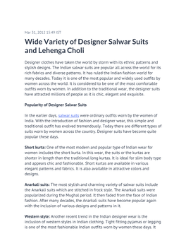 Wide Variety of Designer Salwar Suits and Lehenga Choli