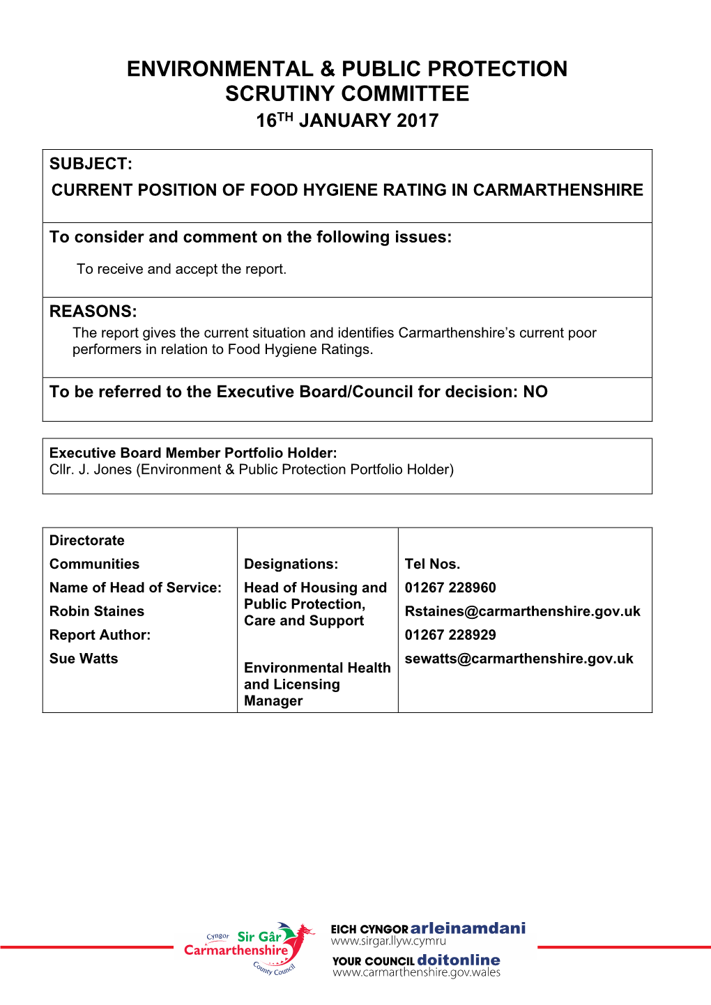 Current Position of Food Hygiene Rating in Carmarthenshire Pdf 237 Kb