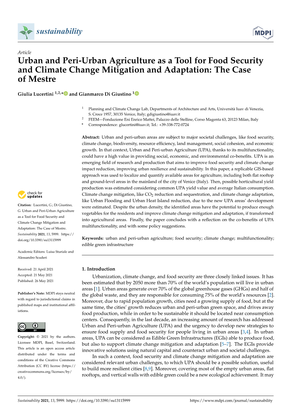 Urban and Peri-Urban Agriculture As a Tool for Food Security and Climate Change Mitigation and Adaptation: the Case of Mestre