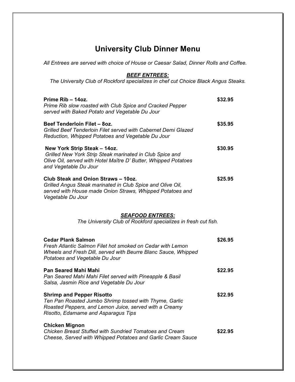 University Club Dinner Menu