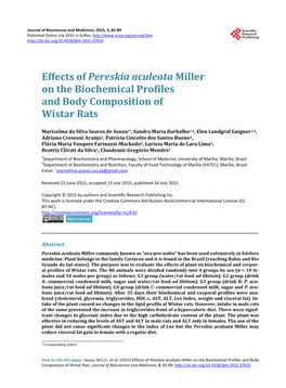Effects of Pereskia Aculeata Miller on the Biochemical Profiles and Body Composition of Wistar Rats