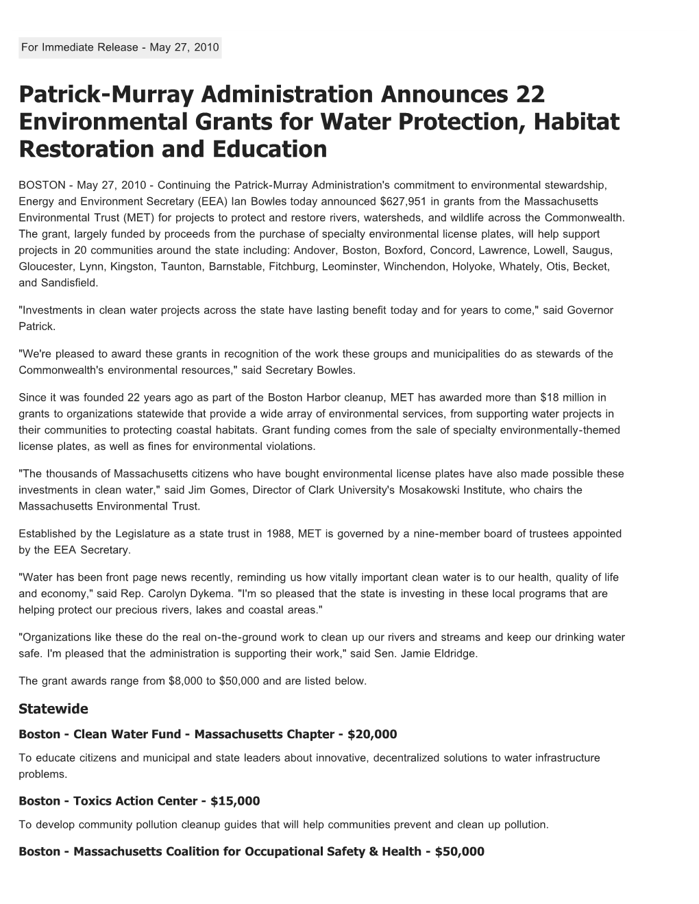 Patrick-Murray Administration Announces 22 Environmental Grants for Water Protection, Habitat Restoration and Education